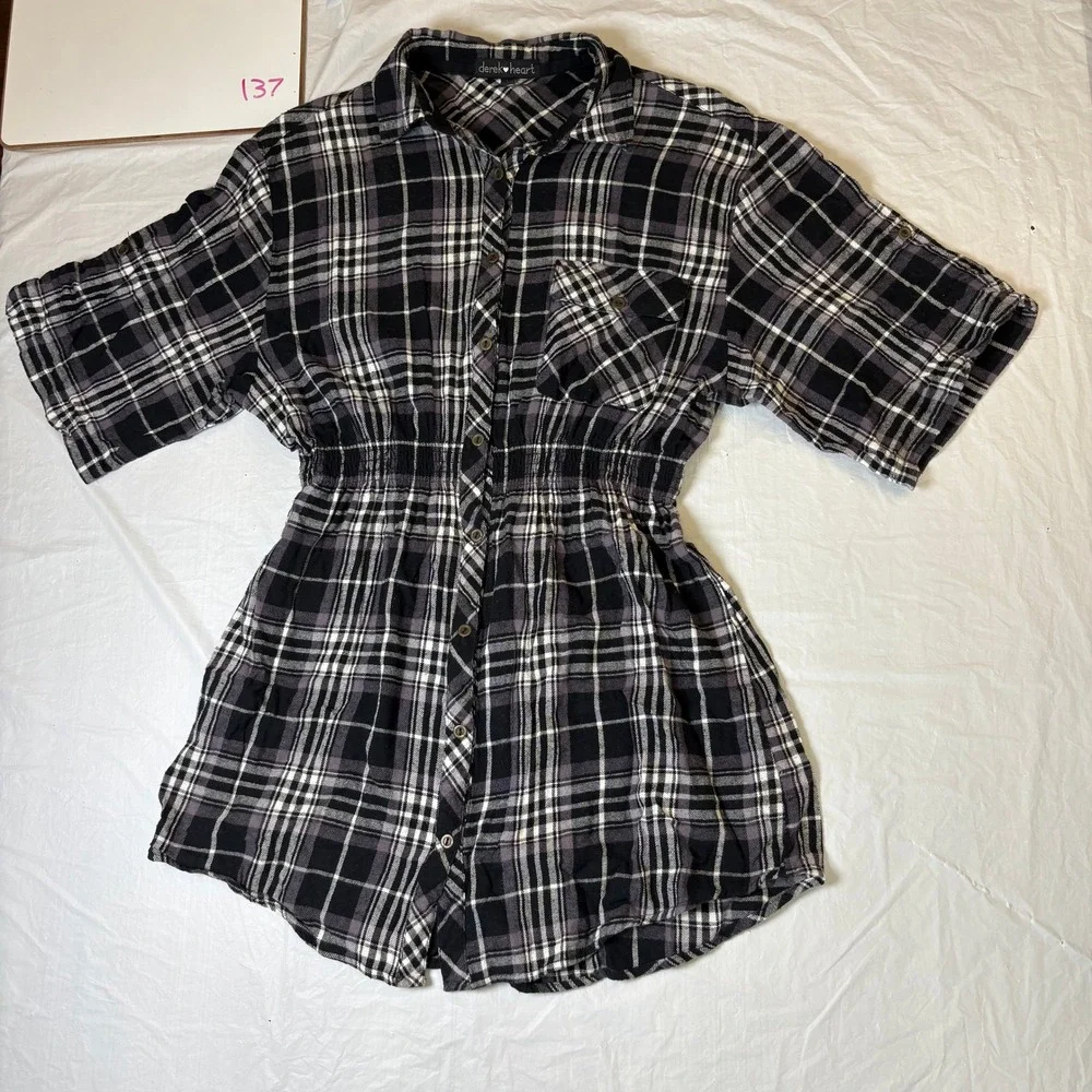 derek heart Black White Plaid flannel Button Front Shirtdress Womens L Y2K - Picture 1 of 7